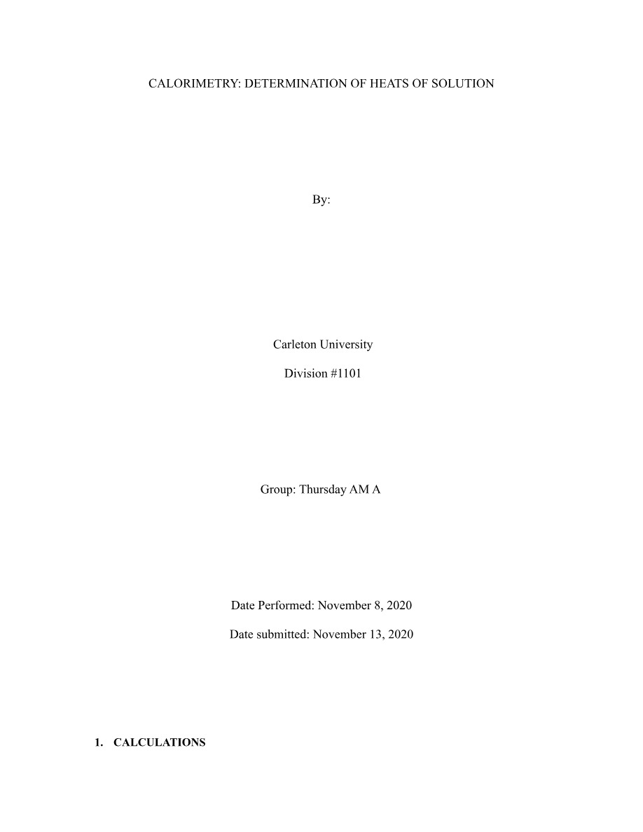 Calorimetry Lab Report - Heats of Solution