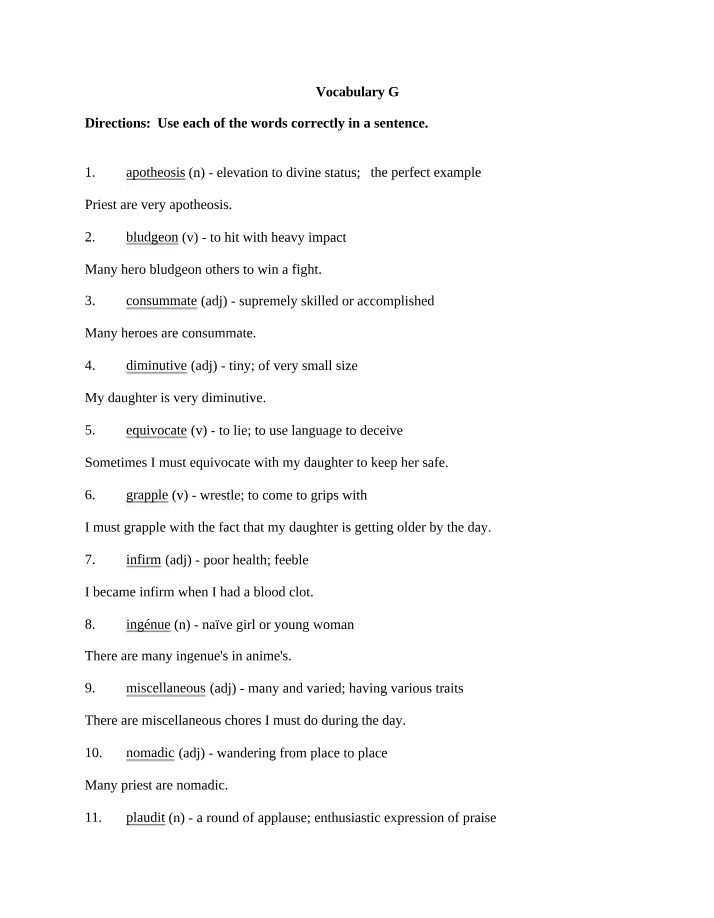 Writing I Vocabulary G
