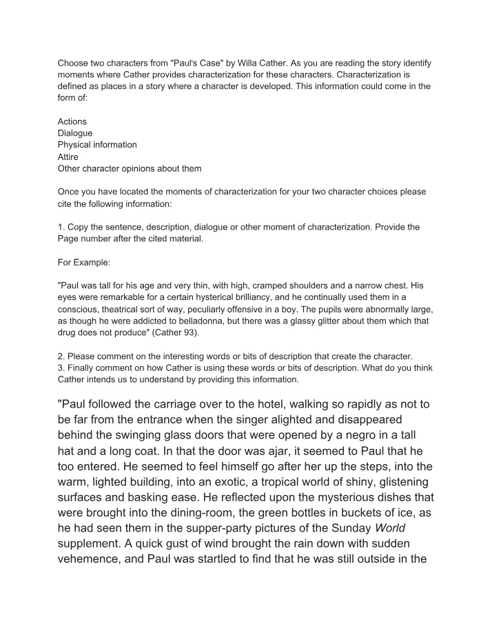 Characterization in Willa Cather's 'Paul's Case'