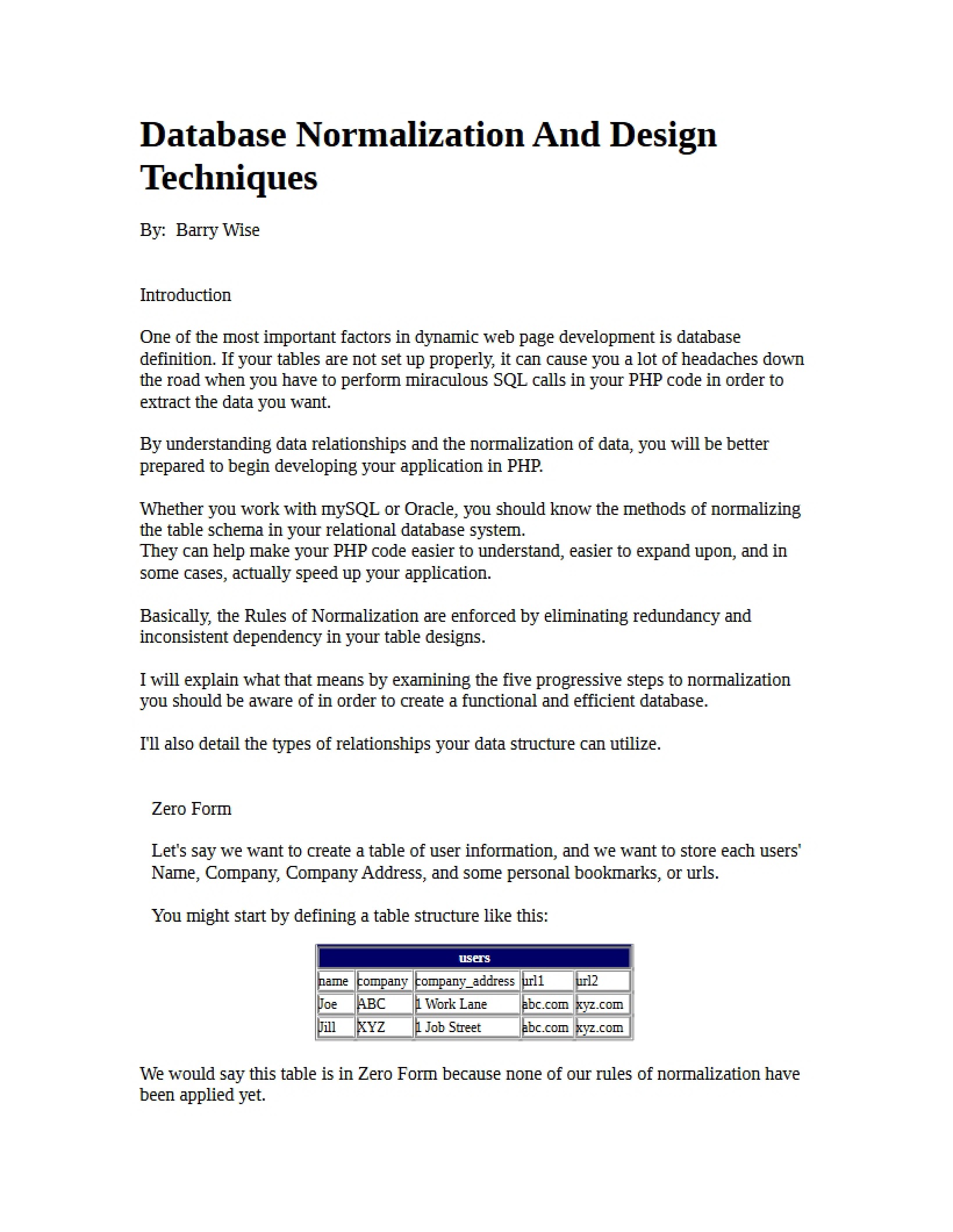 Techniques for Design and Database Normalization