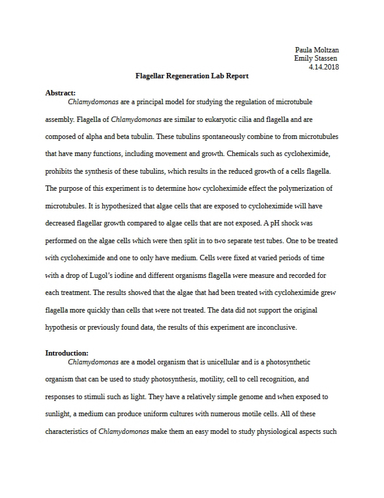 Flagellar Regeneration Lab Report - Ecology and Evolution