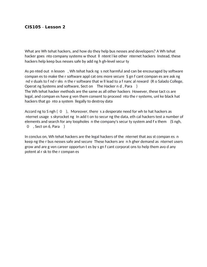 Whitehat Hackers - CIS Lesson 2 Essay