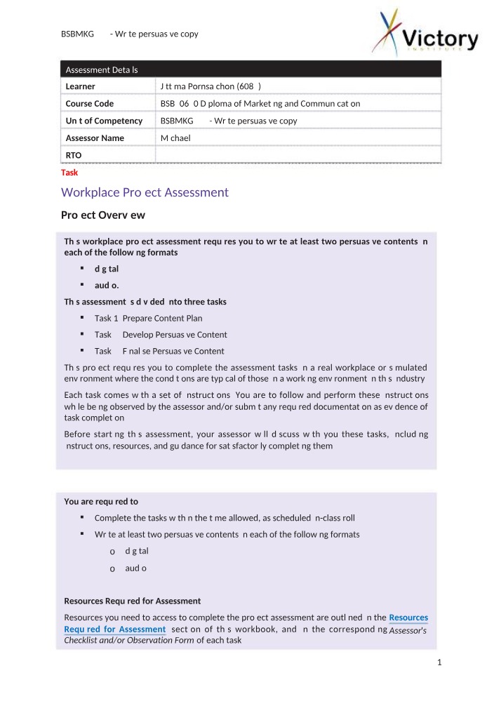 Writing Persuasive Copy - BSBMKG555 Assessment and Tasks