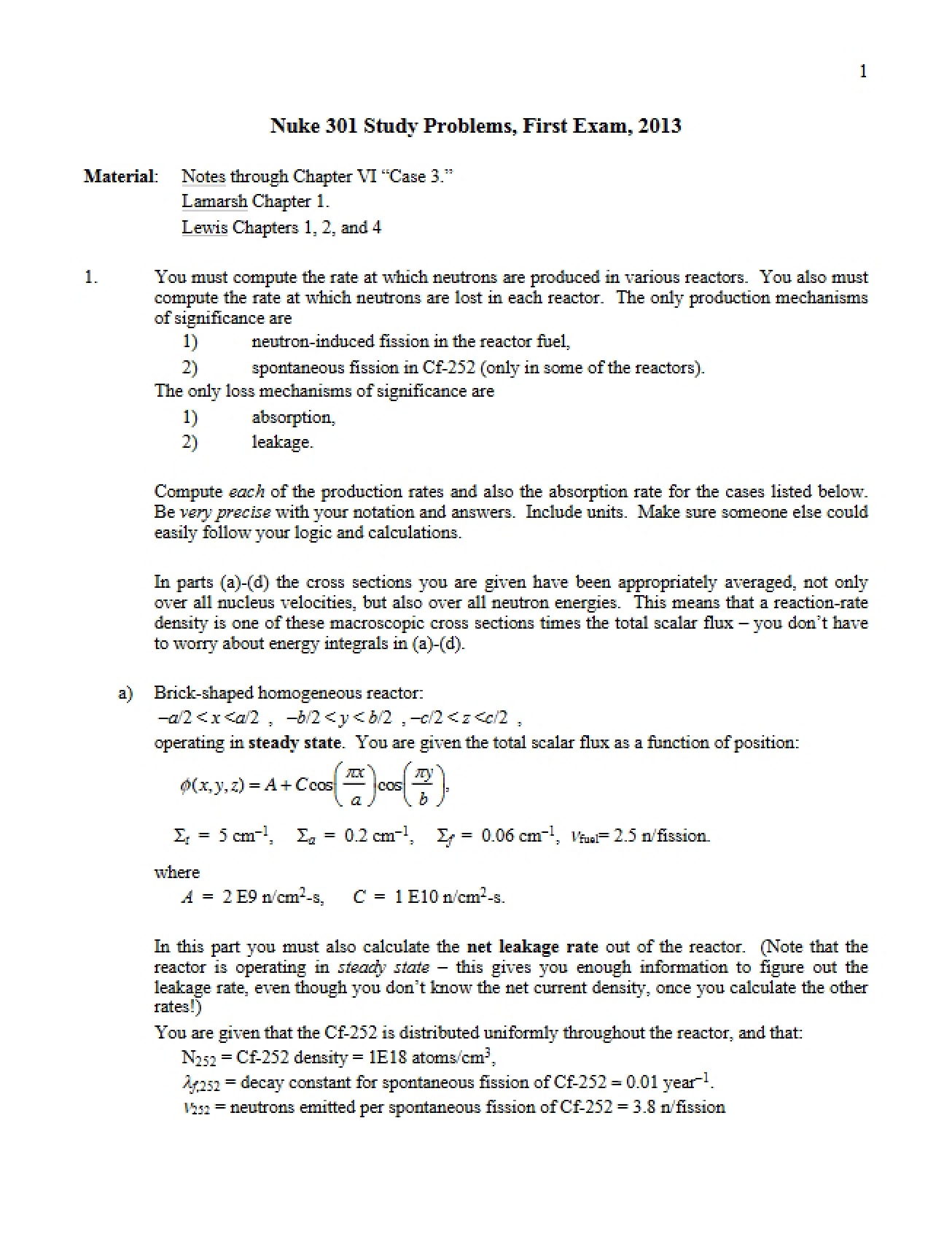 NUEN 301 Study Problems for Exam 1 (2013)