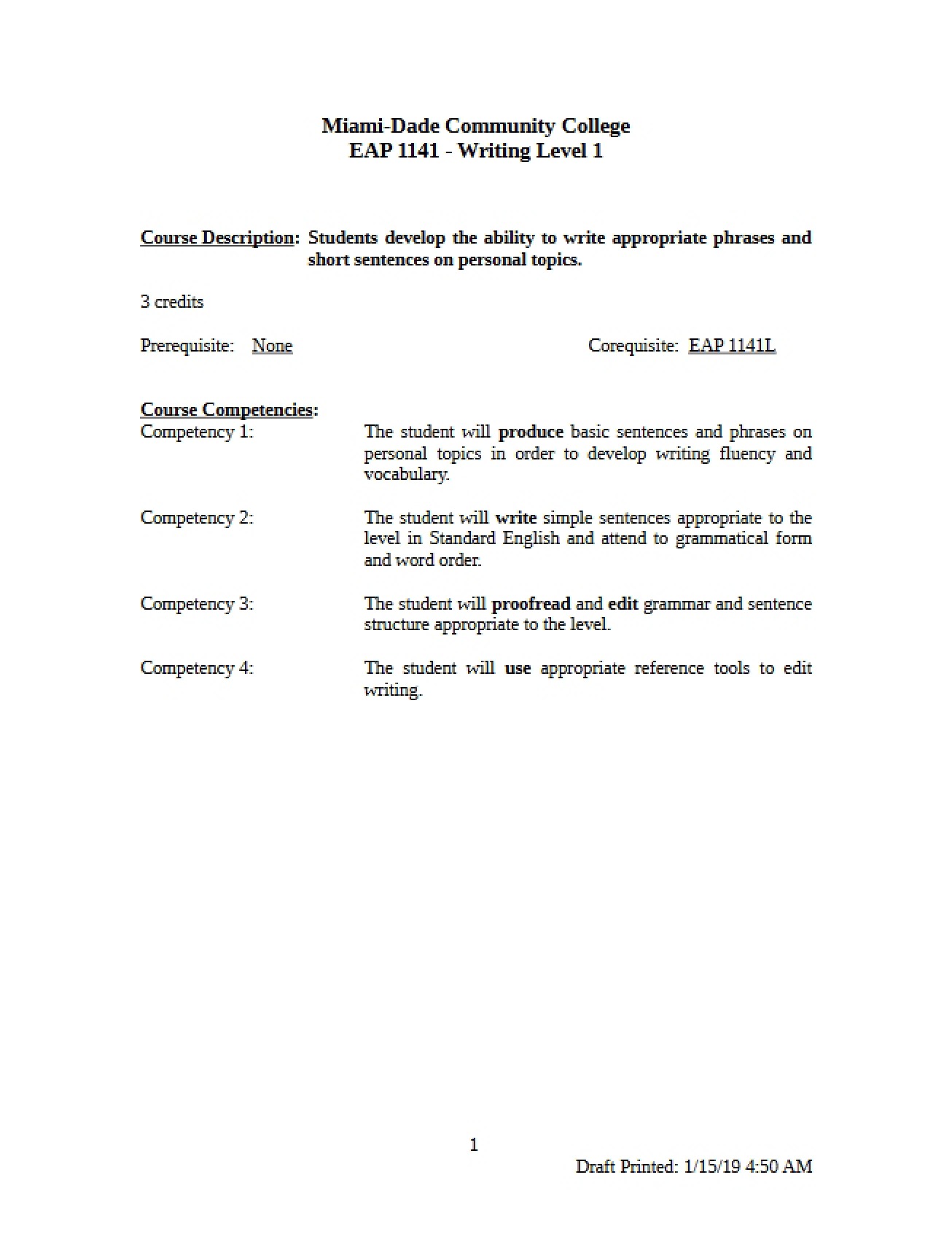 Writing Level I Competencies