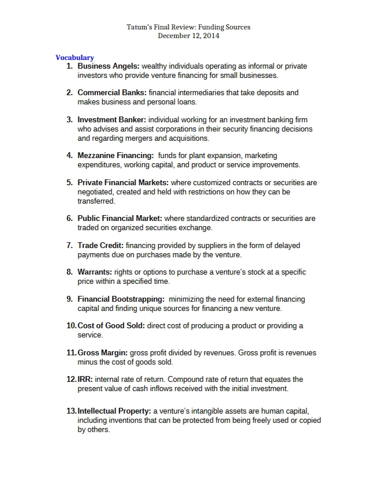 Tatum's Final Review on Funding Sources