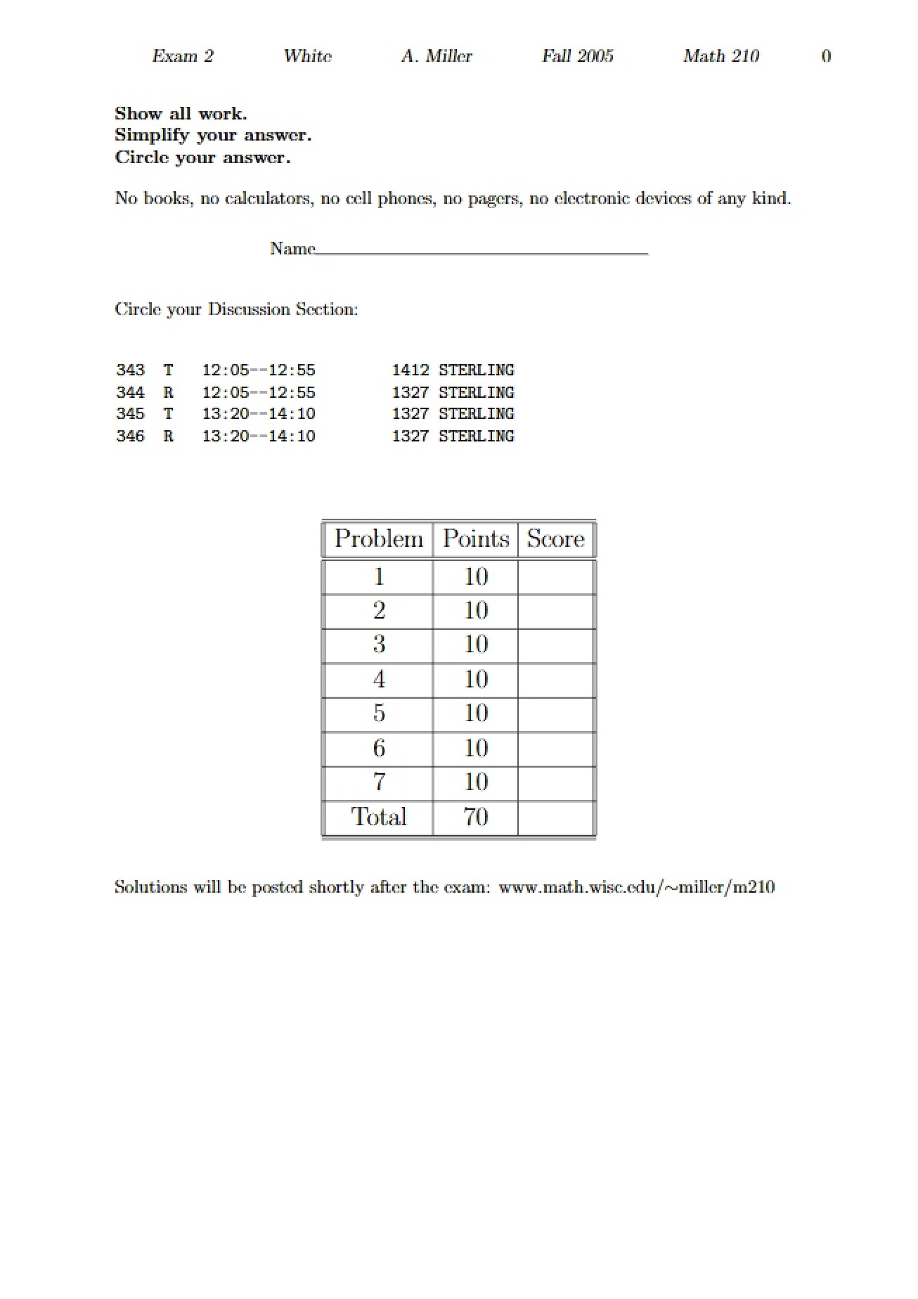 Exam 2 for Math 210