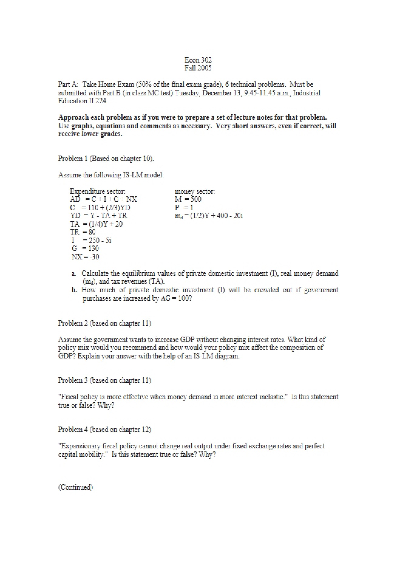Take-Home Examination for Intermediate Macroeconomics