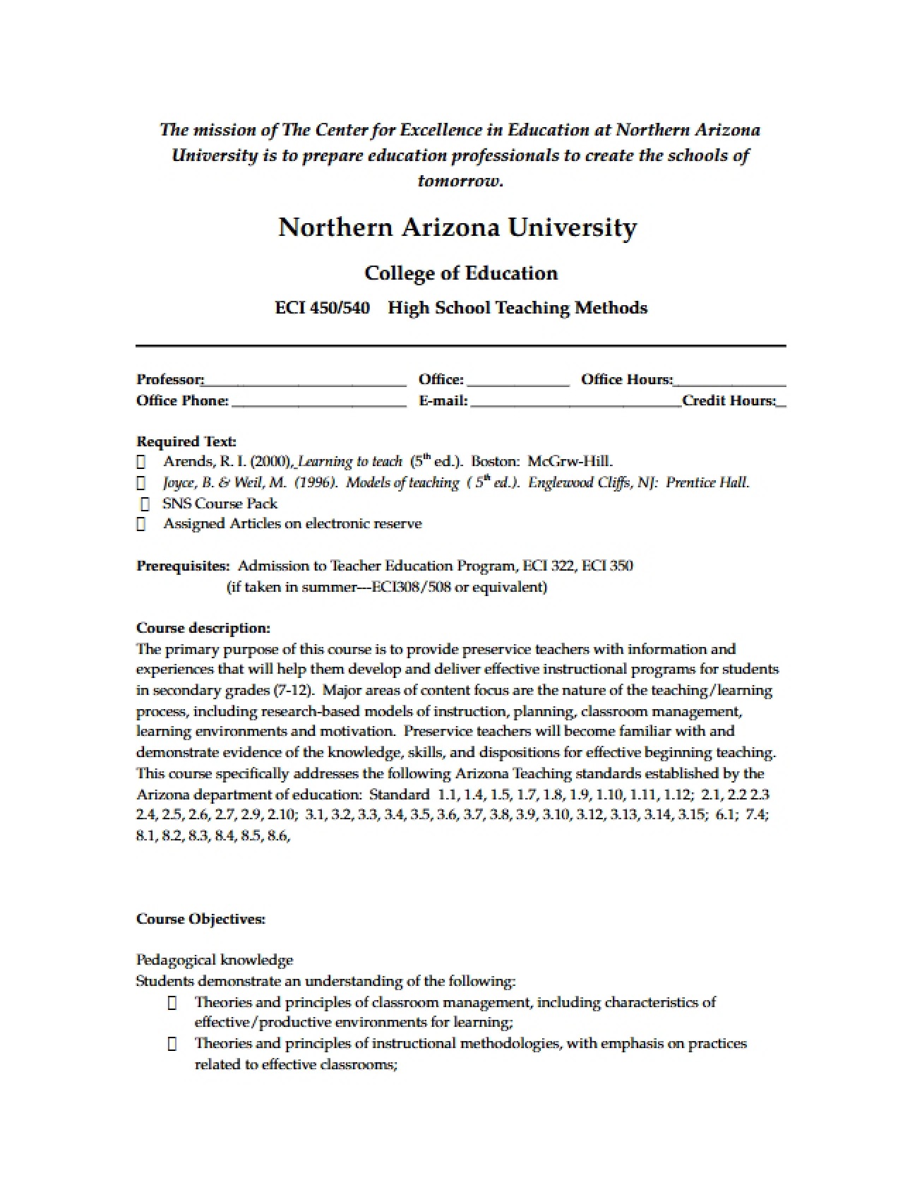 ECI 450 Class Schedule