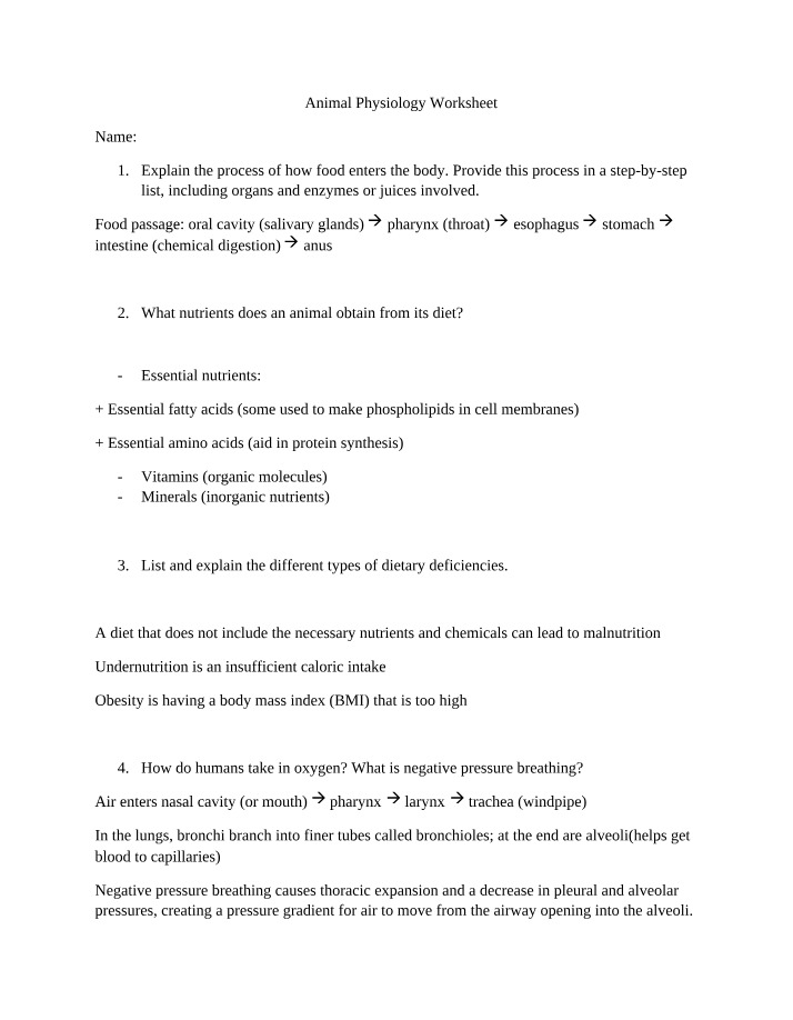 Worksheet on Animal Physiology