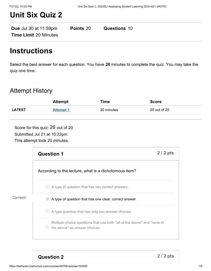 Assessing Student Learning - Unit Six Quiz 2