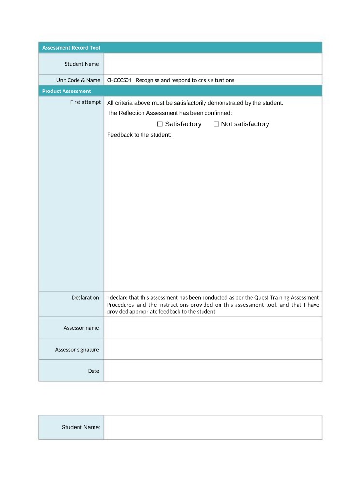 Assessment Record - Recognise and Respond to Crisis Situations