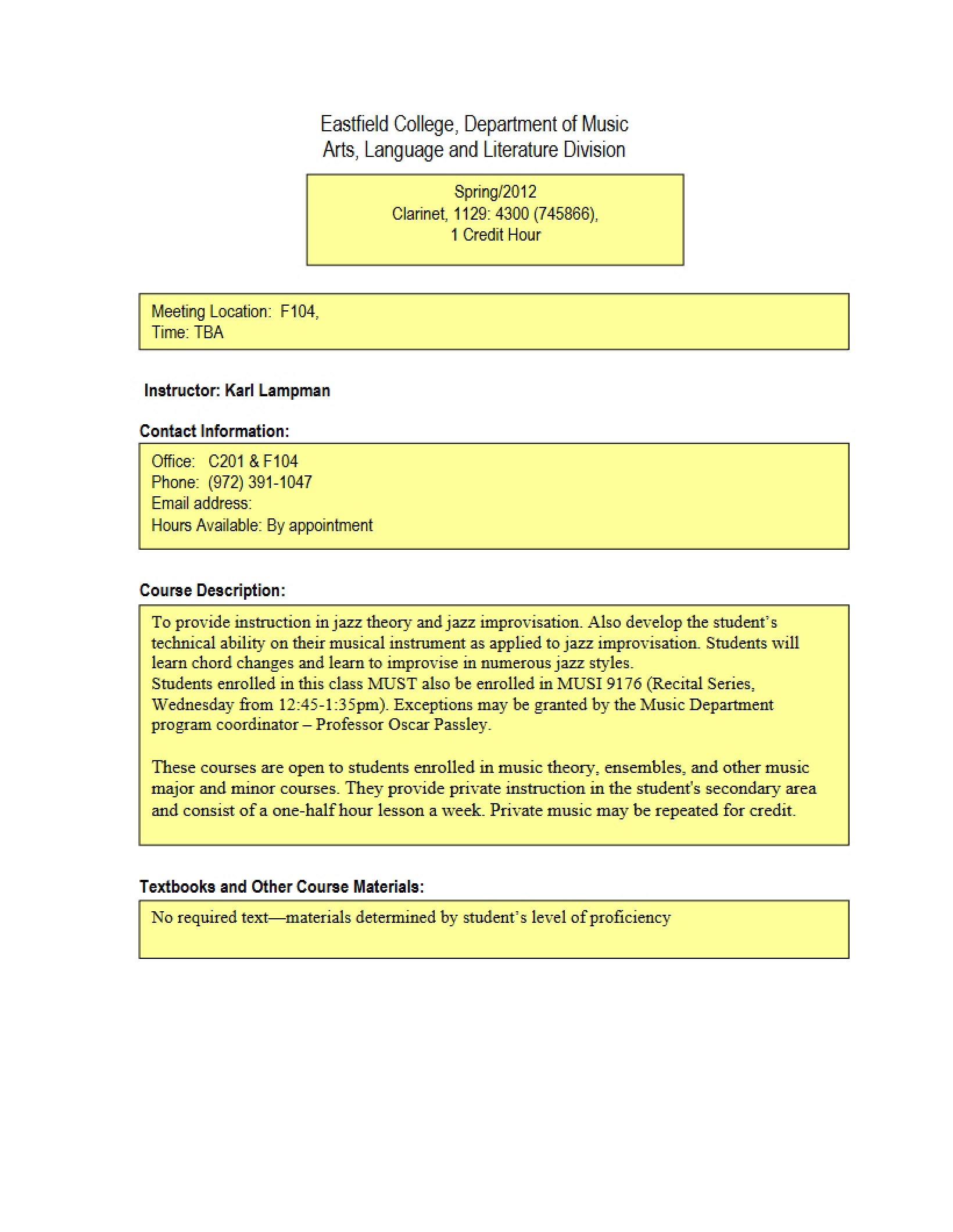 Syllabus for Clarinet
