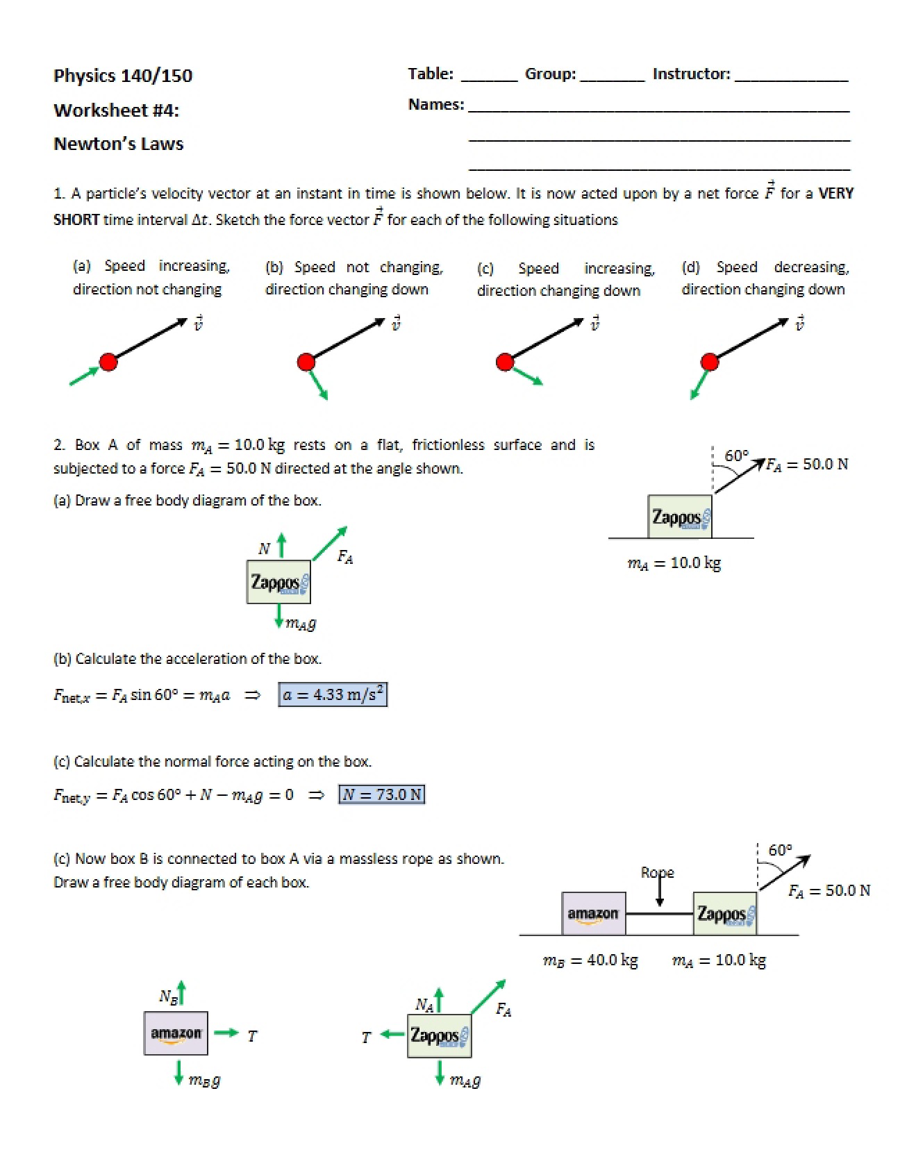 Solutions for the Fourth Worksheet on Newton's Laws