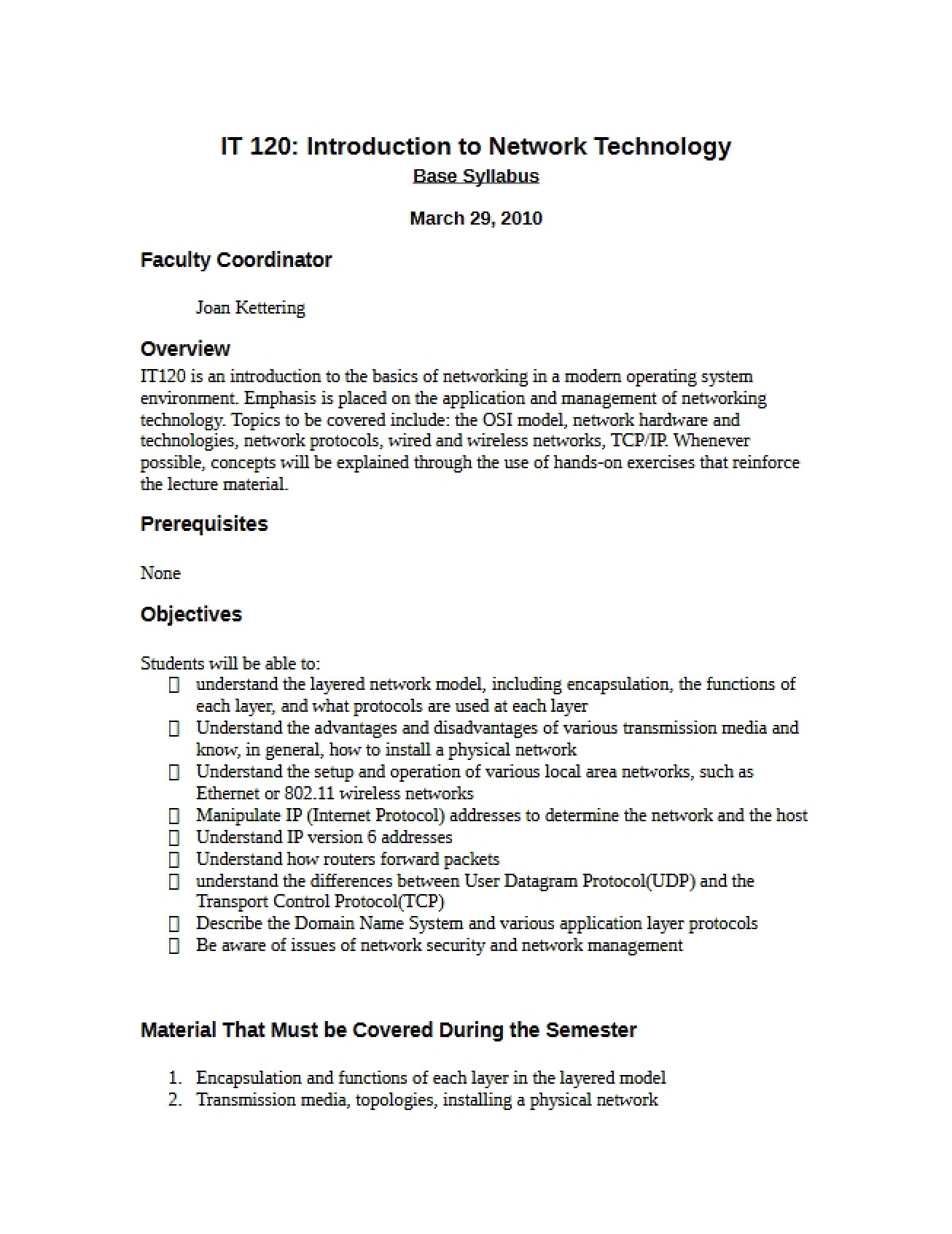 Networking Technology Syllabus