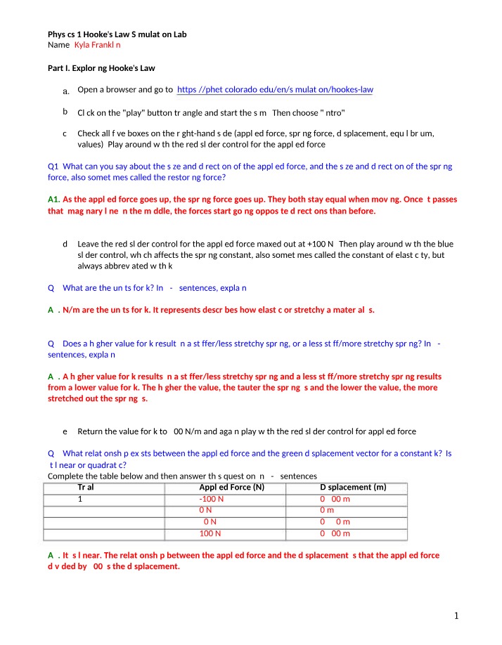 Hooke's Law Simulation Lab - Physics 1