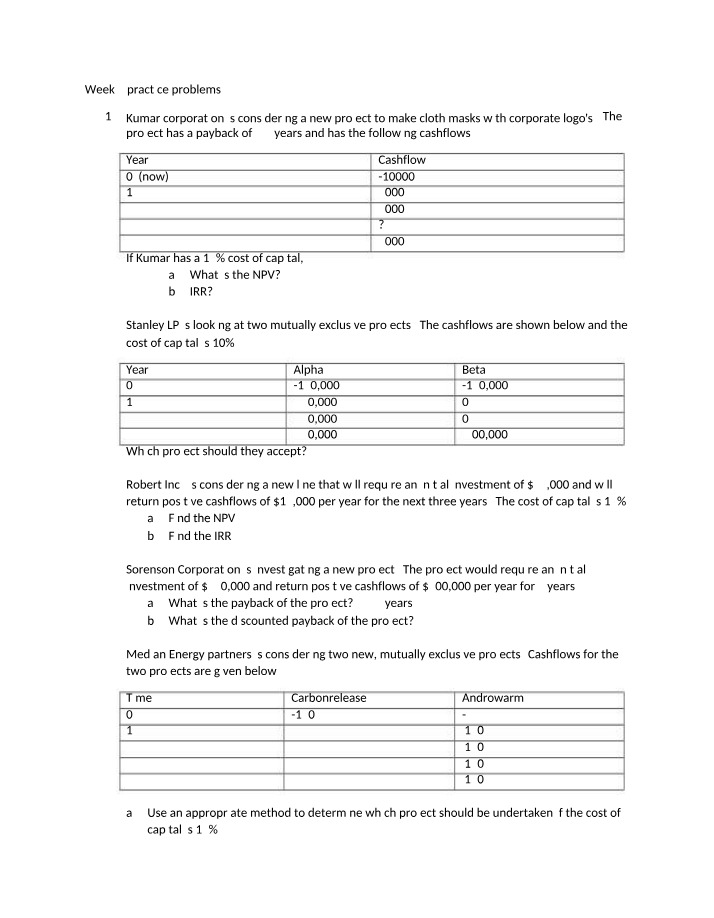 Practice Problems for NPV and IRR