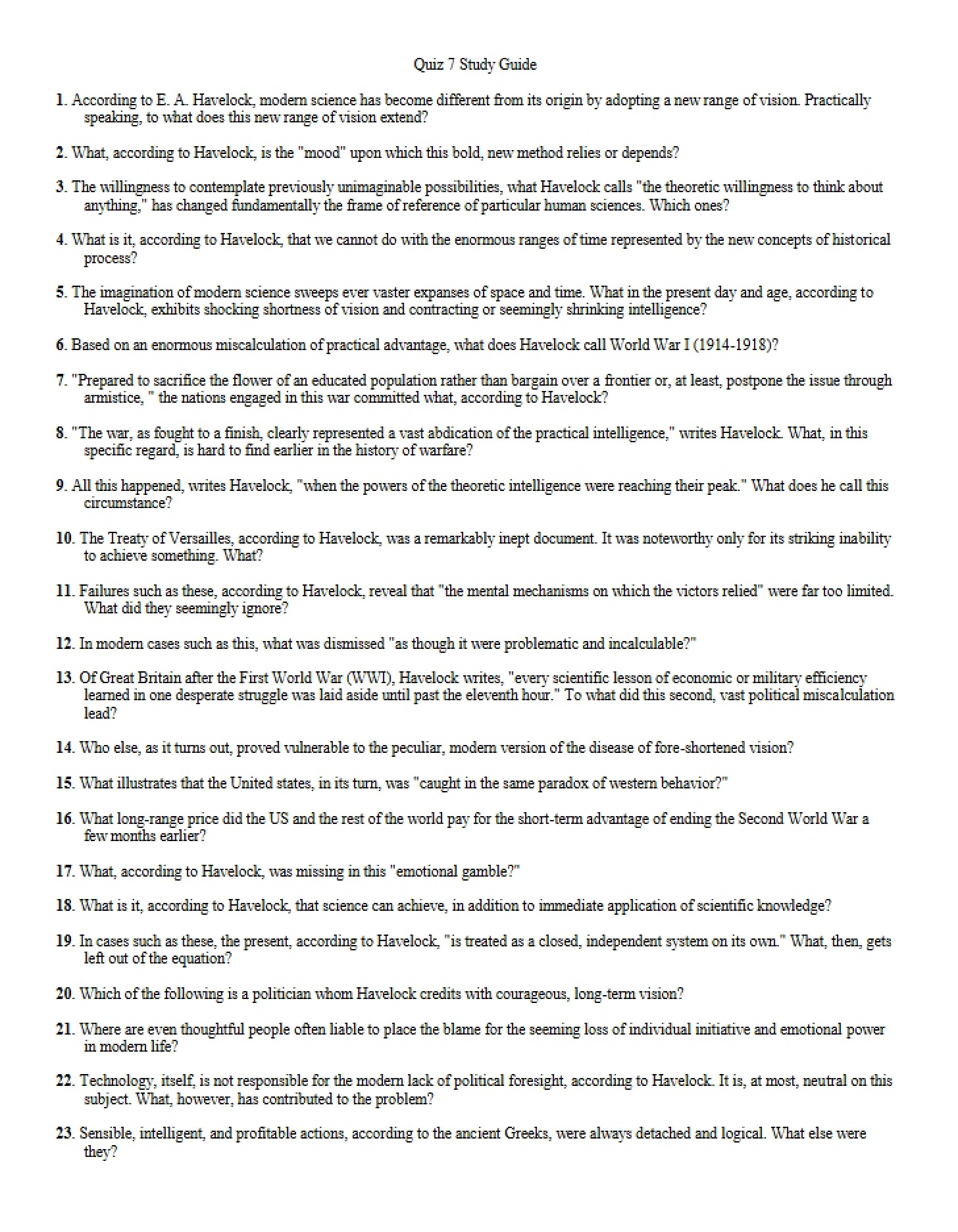 Study Guide for Quiz Seven