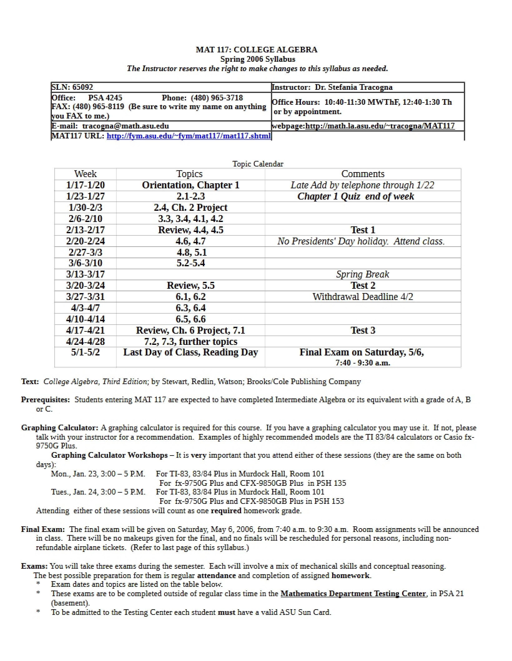 College Algebra Course Outline
