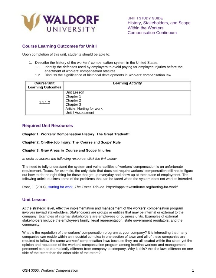 Unit I Study Guide - Workers' Compensation History, Stakeholders, and Scope