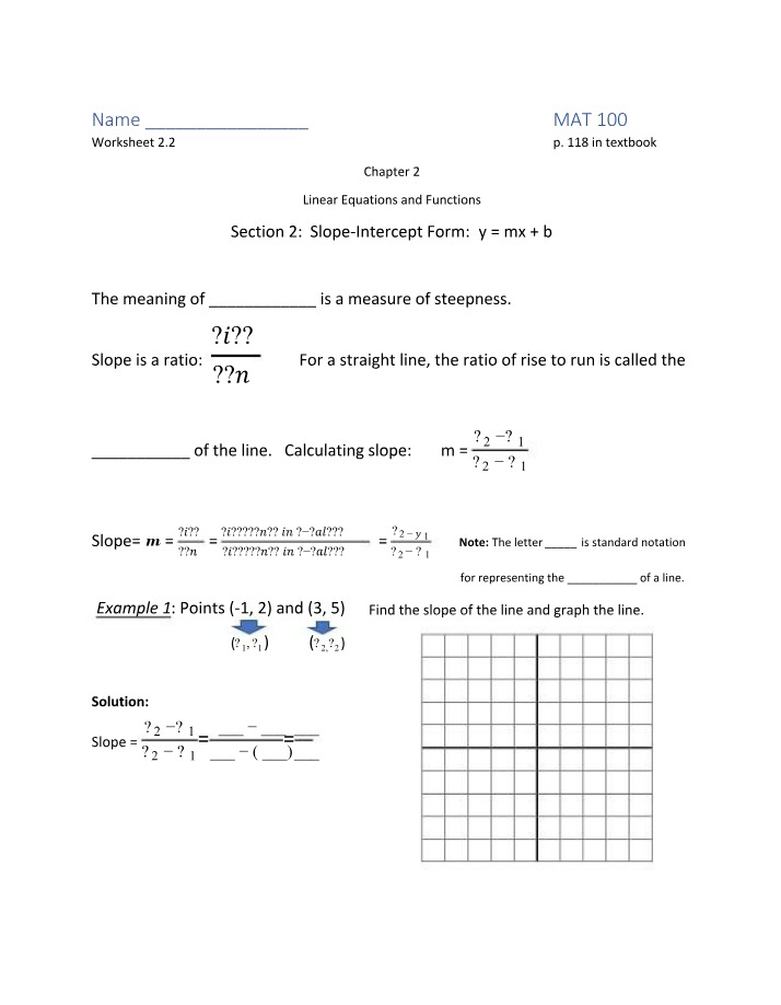 Linear Equations and Functions - Slope-Intercept Form Worksheet