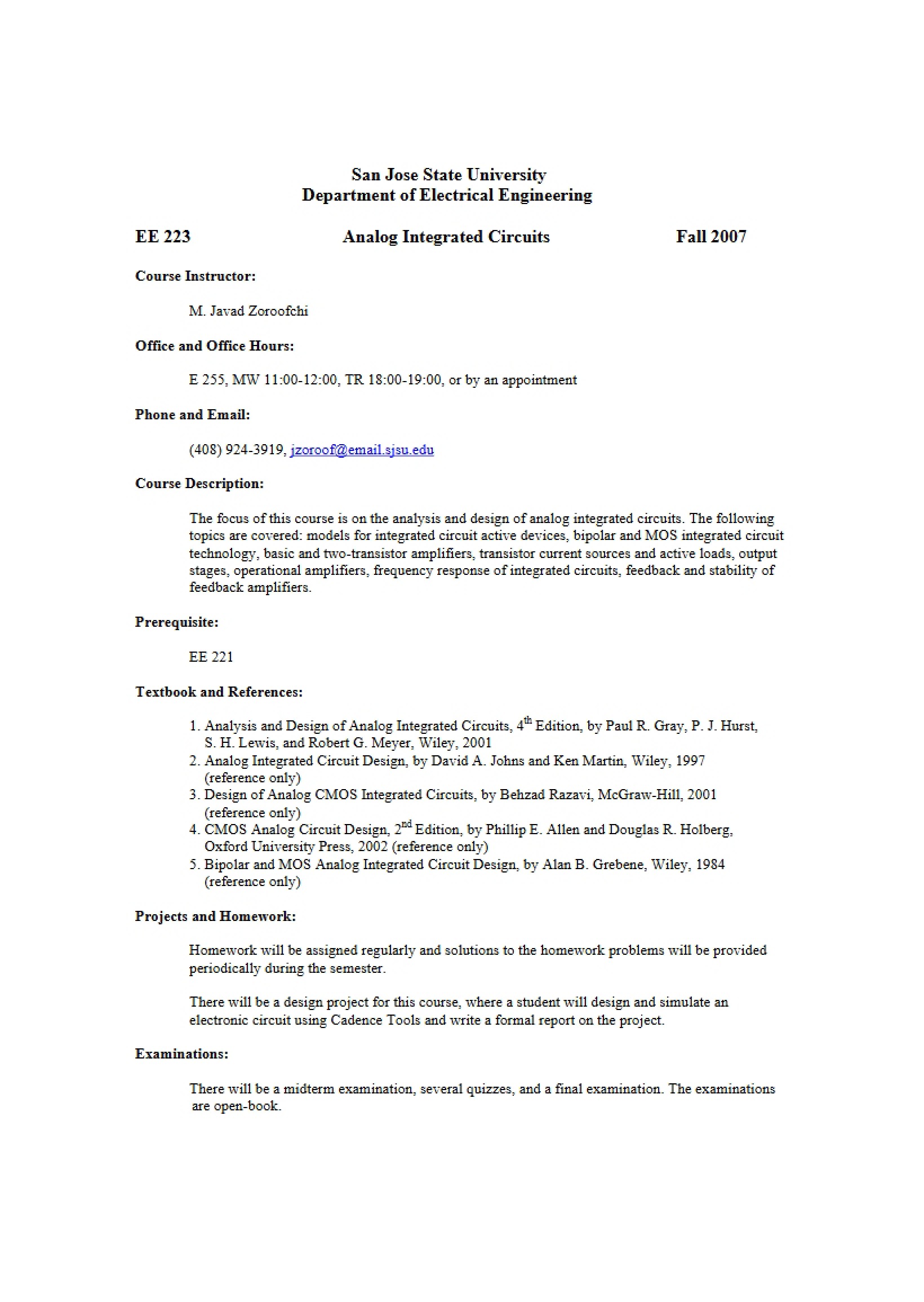 Class Syllabus for Analog ICs