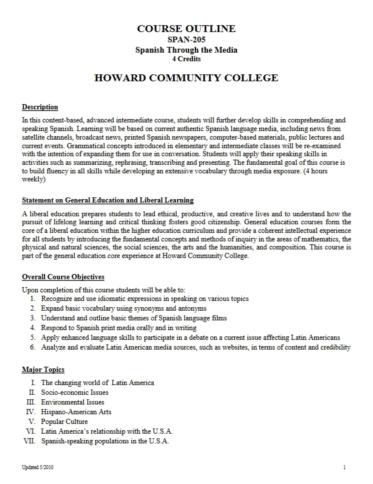 Course Outline for SPAN 205