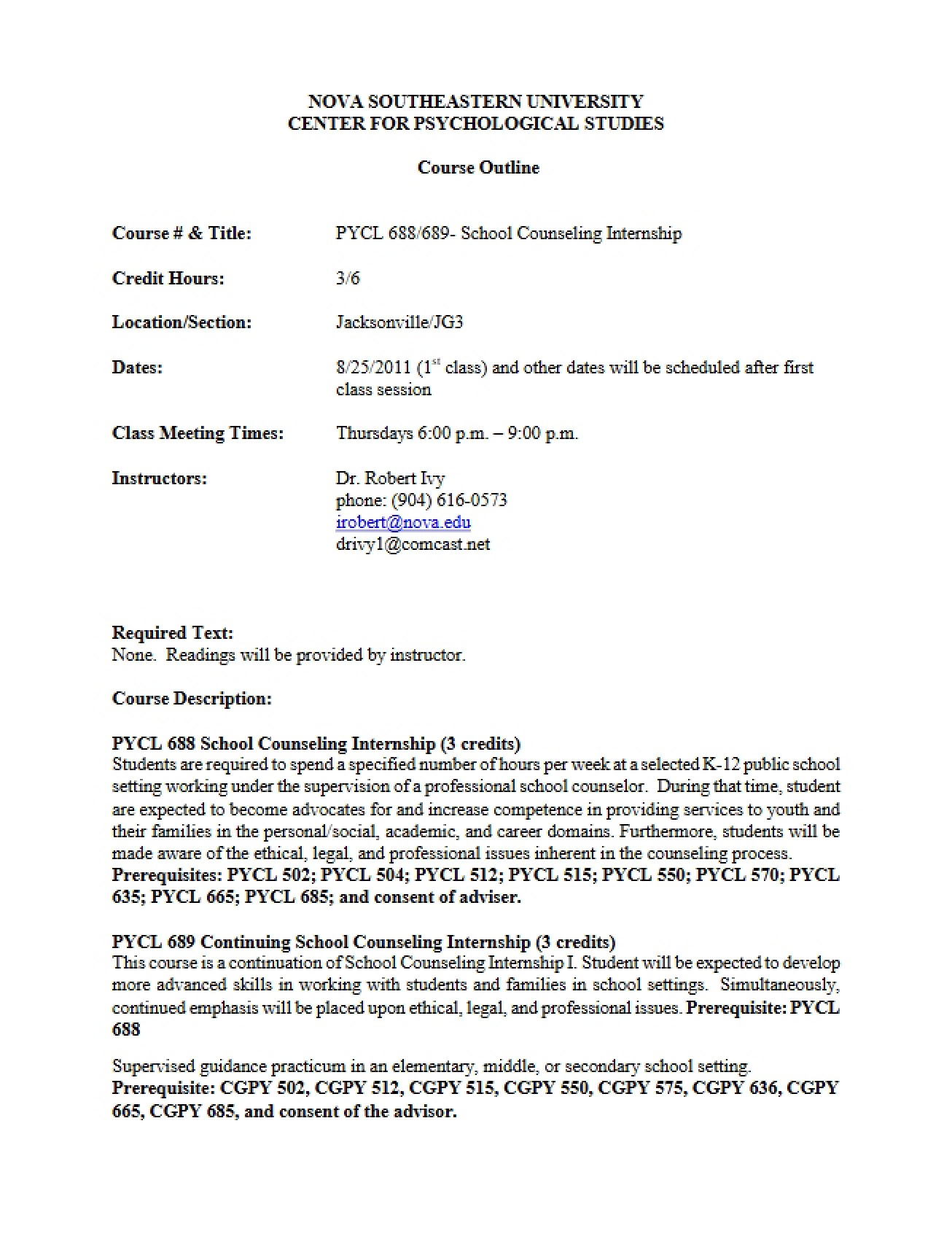 Internship in School Counseling Syllabus