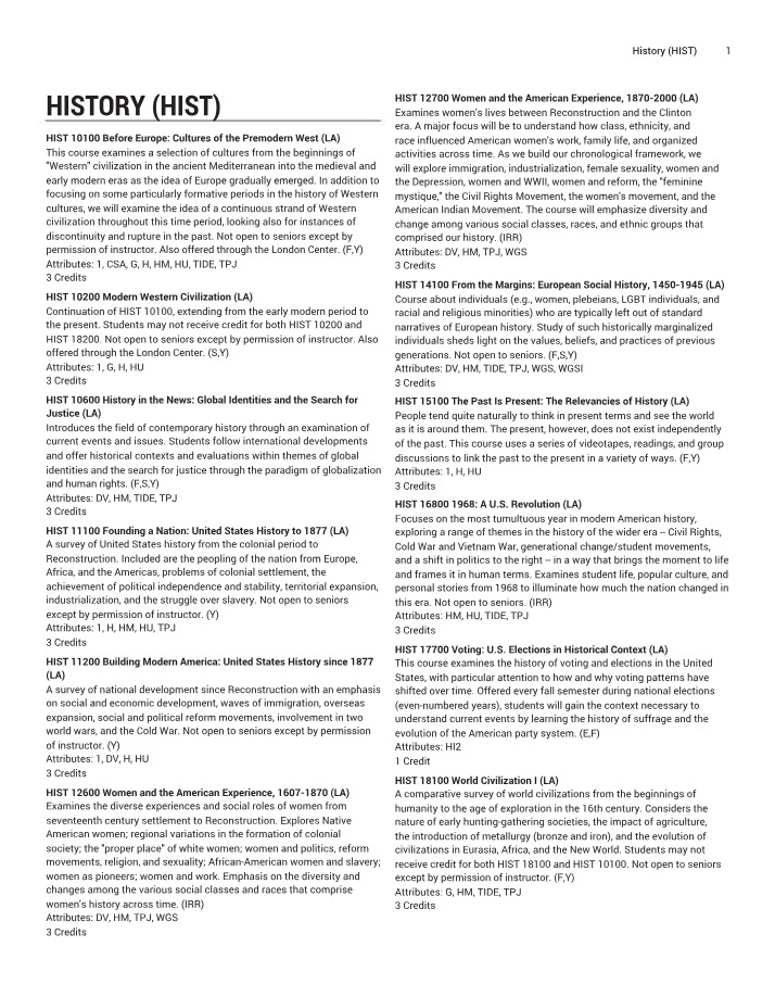 History (HIST) Department Course Catalog