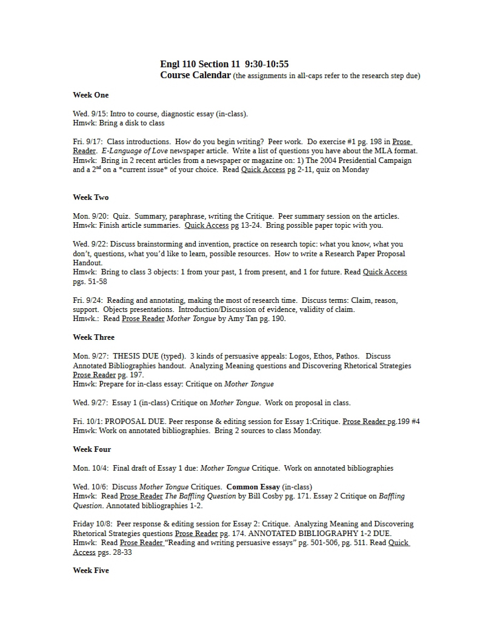 Calendar for Course