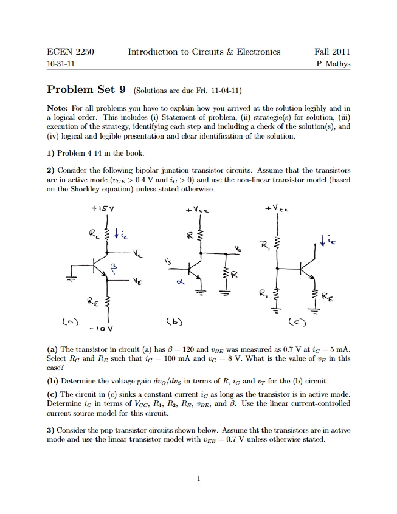 Ninth Problem Set for Introduction to Circuits and Electronics