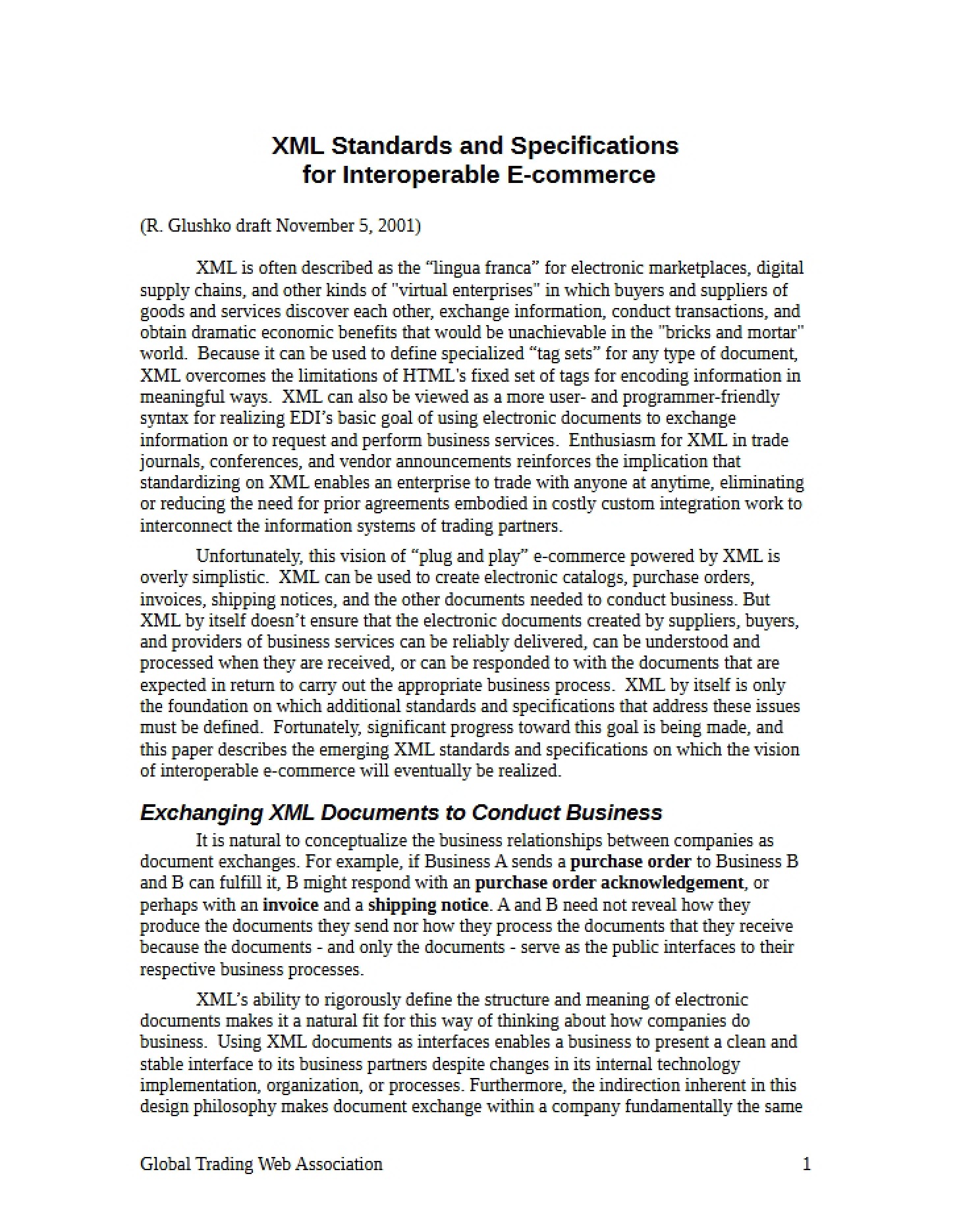 Interoperable E-commerce XML Specifications and Standards