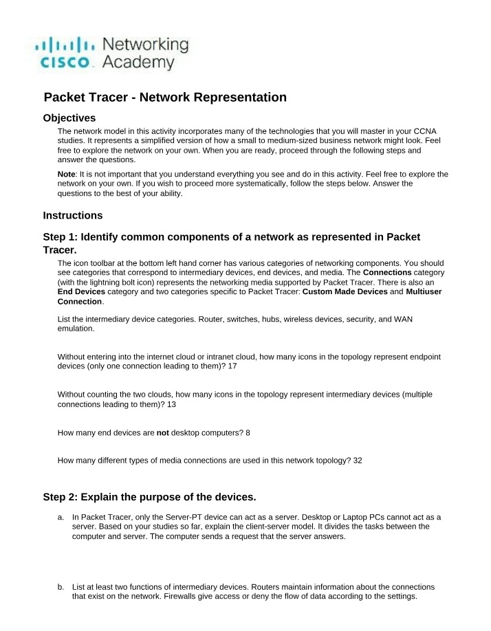 Network Representation Lab - Packet Tracer