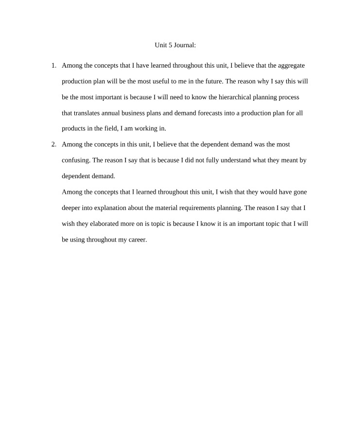 Journal for Unit 5