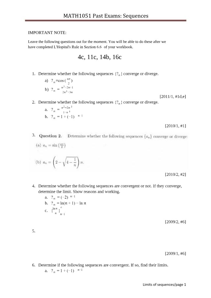 Sequences - MATH1051 Past Exams