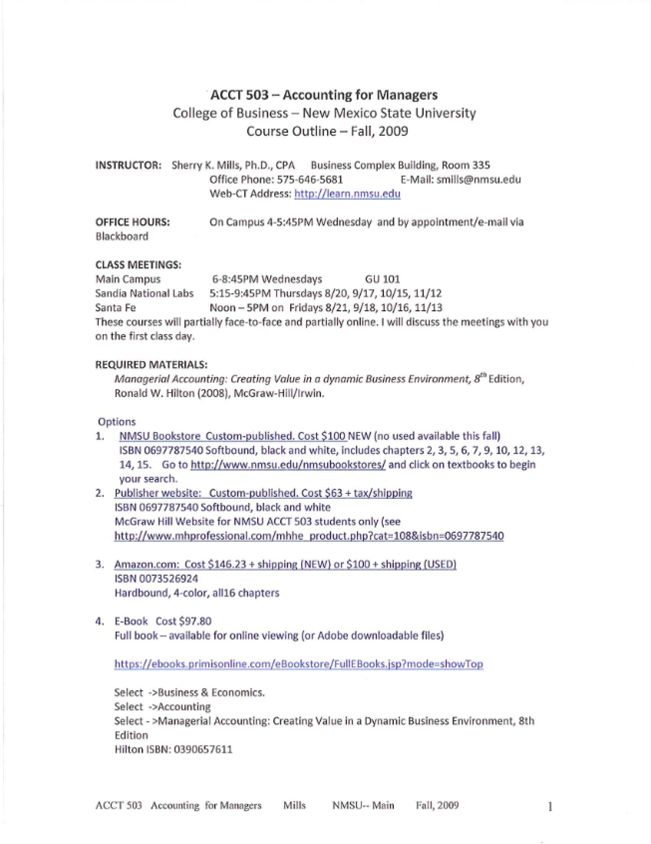 Accounting for Managers Course Syllabus