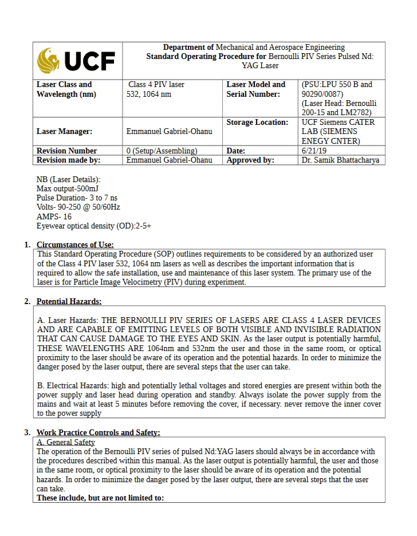 Bernoulli Laser SOP
