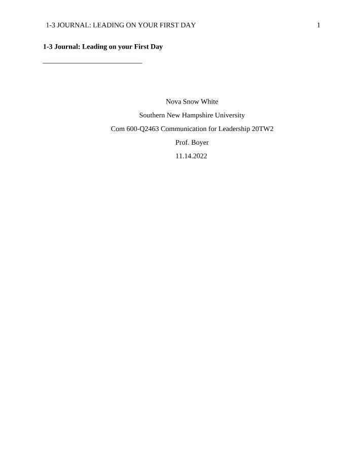 Leading on your First Day - 1-3 Journal