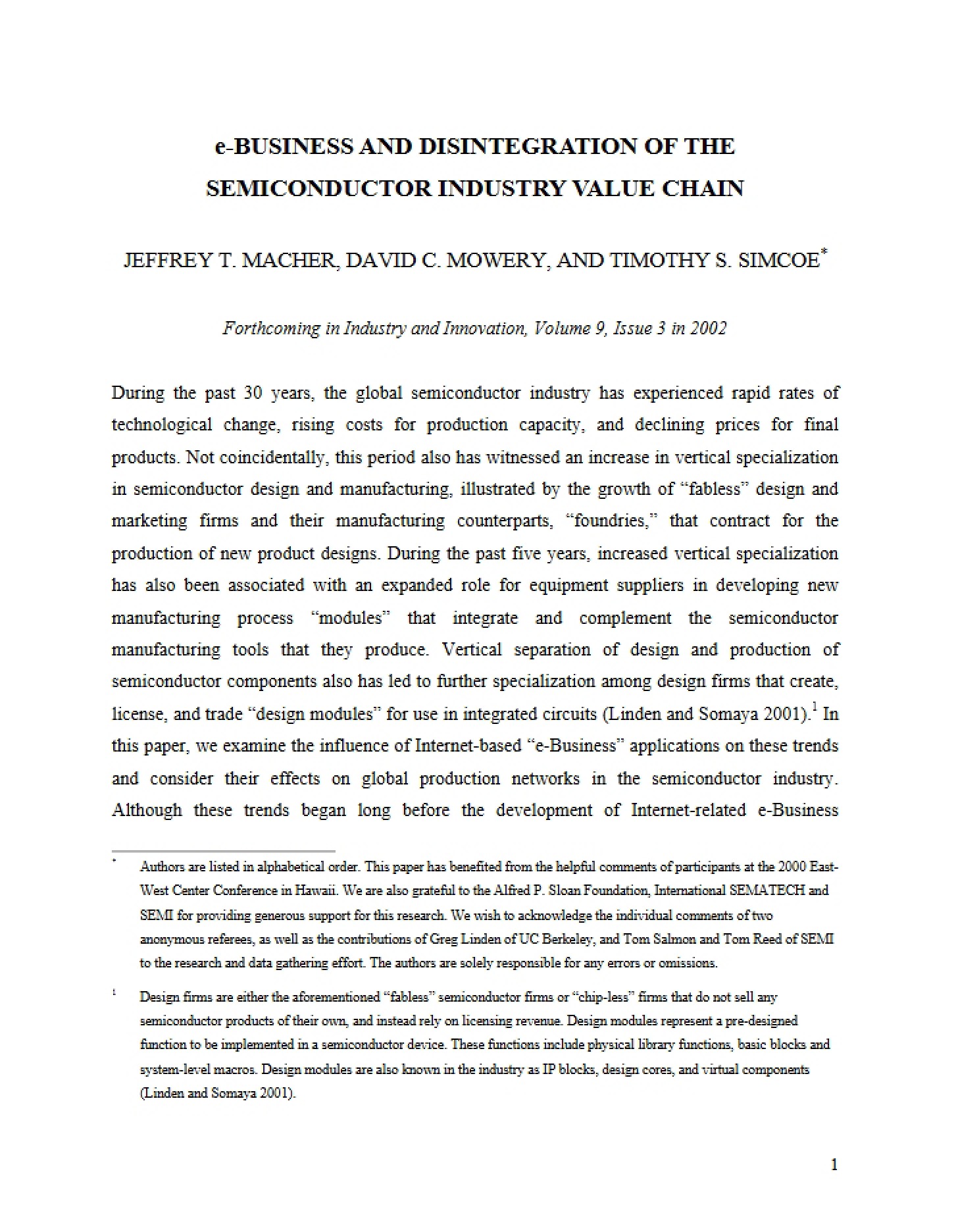 Disintegration of Semiconductor Value Chain via E-Business