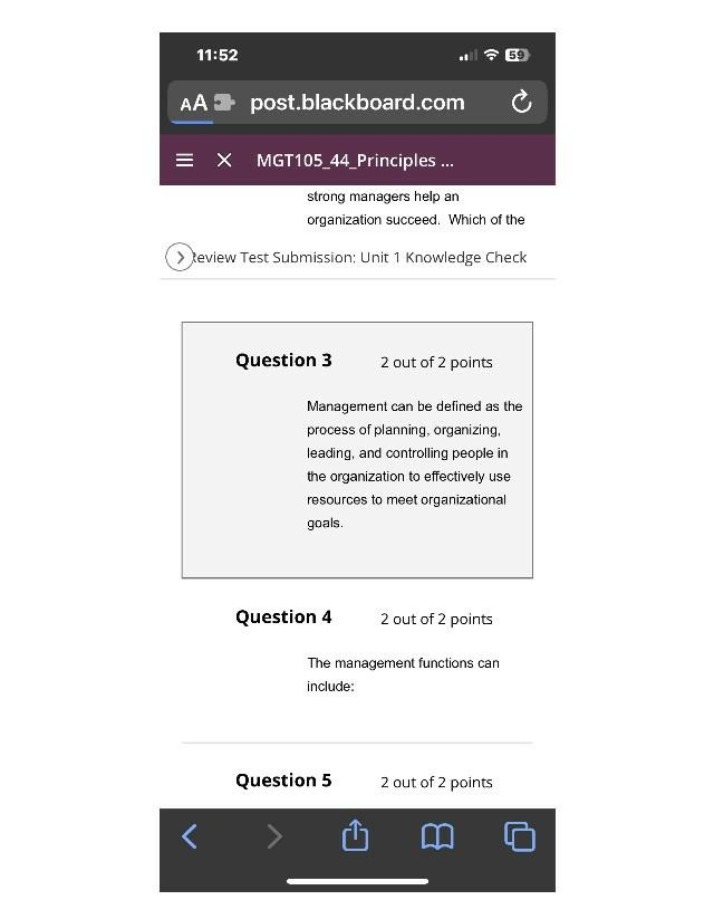 MGT105 Principles of Management Unit 1 Knowledge Check A