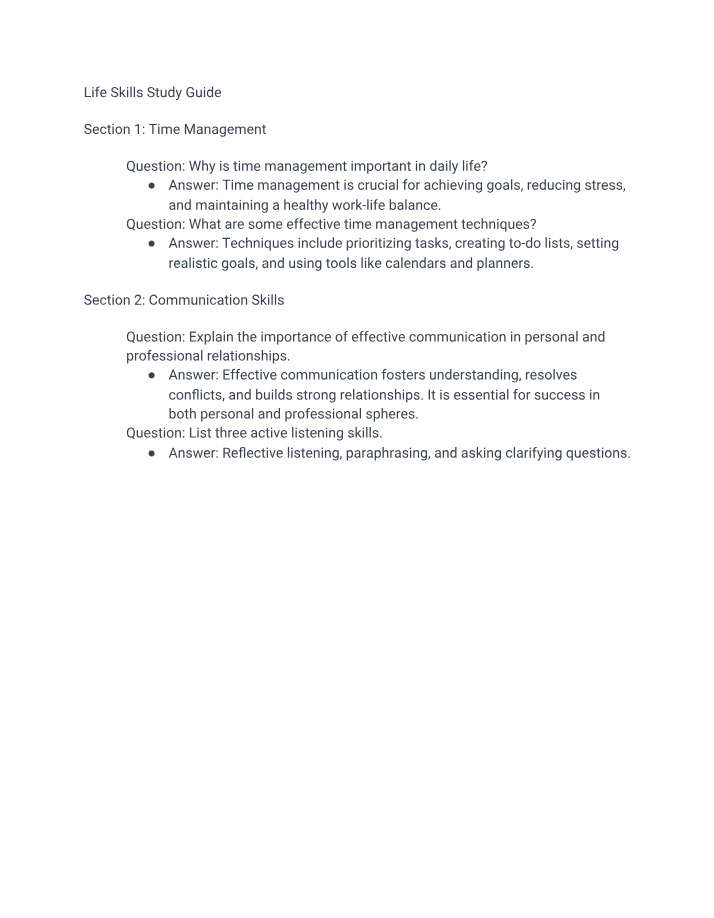 Study Guide for Life Skills
