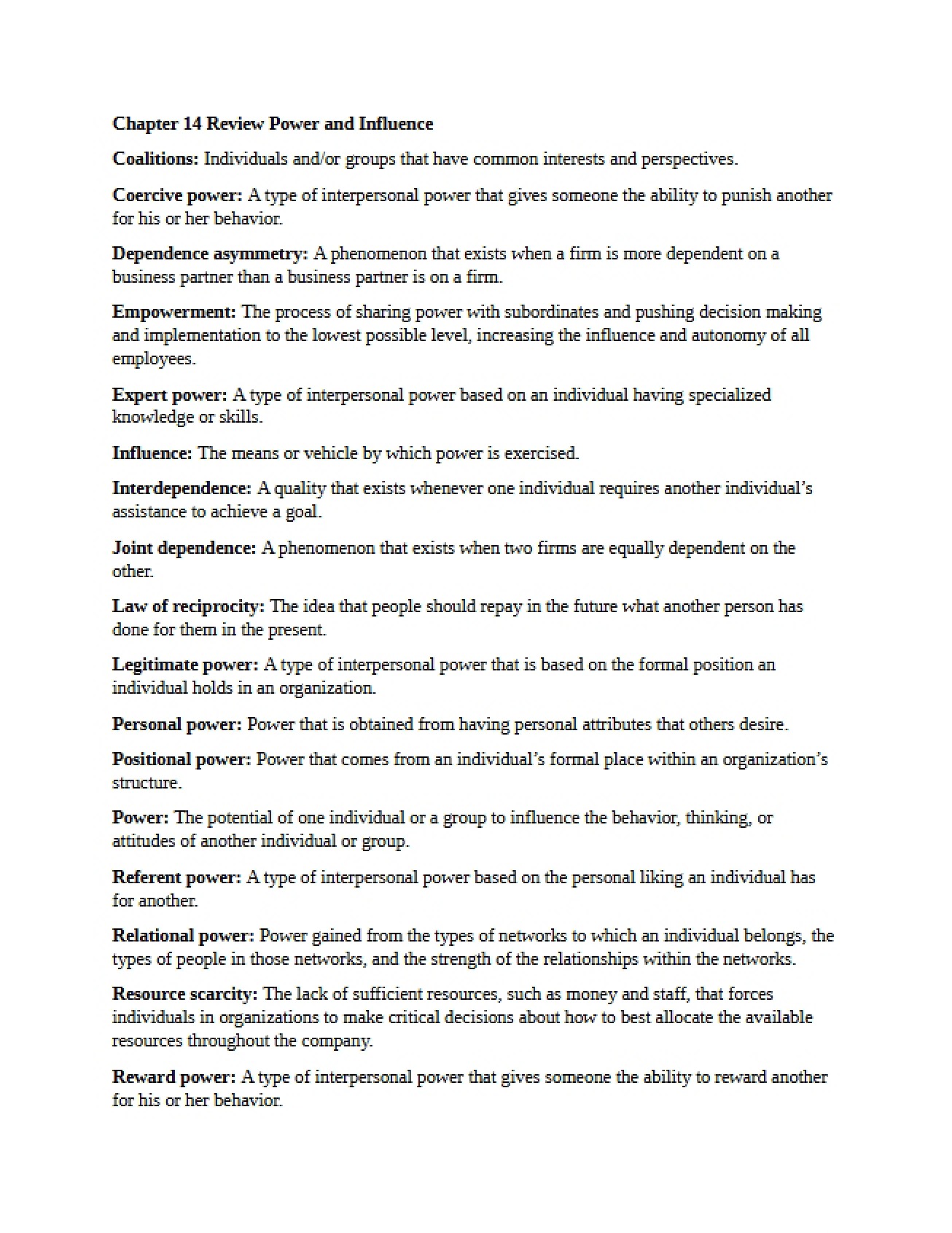 Review of Chapter 14 Power and Influence
