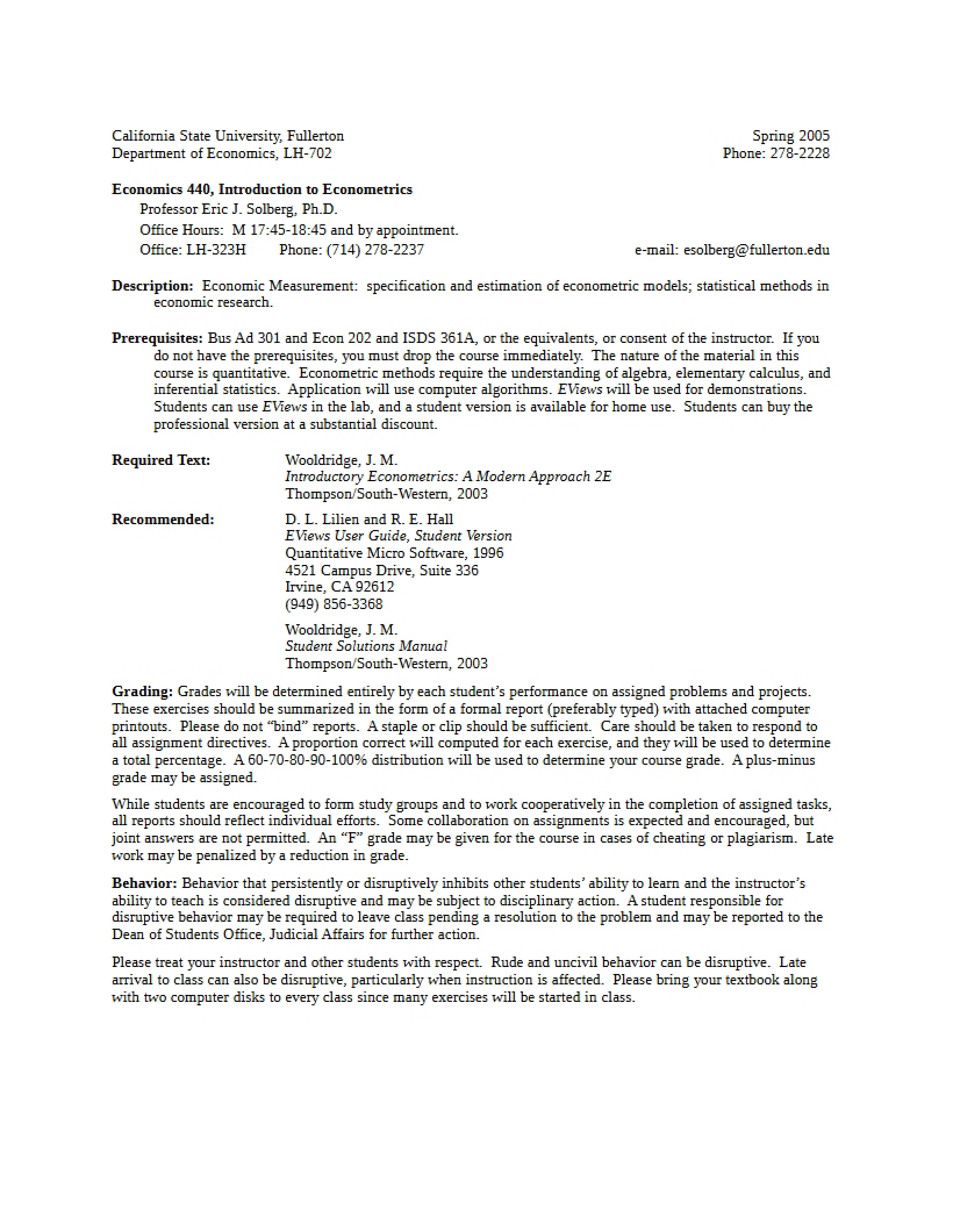 Econometrics Course Outline