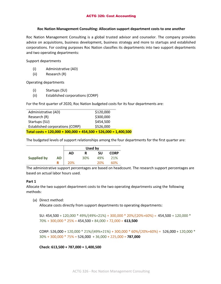 Support Department Cost Allocation - Roc Nation Management