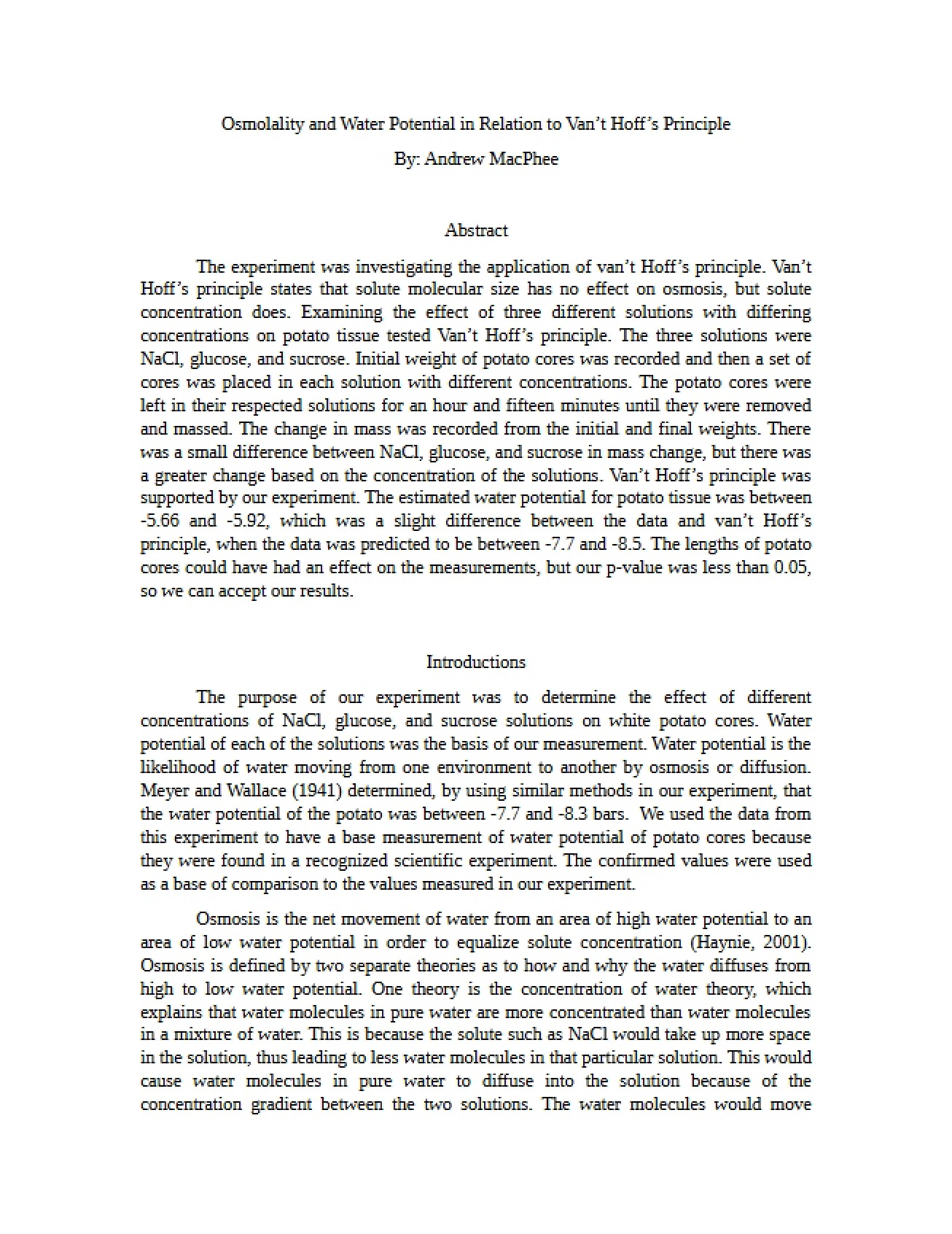 Lab Report Principle of Van't Hoff