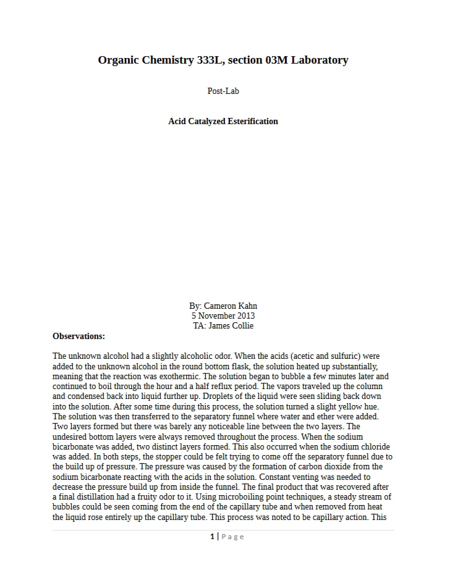 Post-Lab Esterification via Acid Catalysis