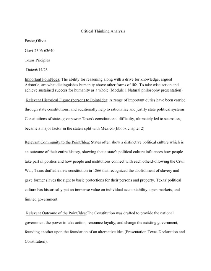 Texas Principles - Critical Thinking Analysis