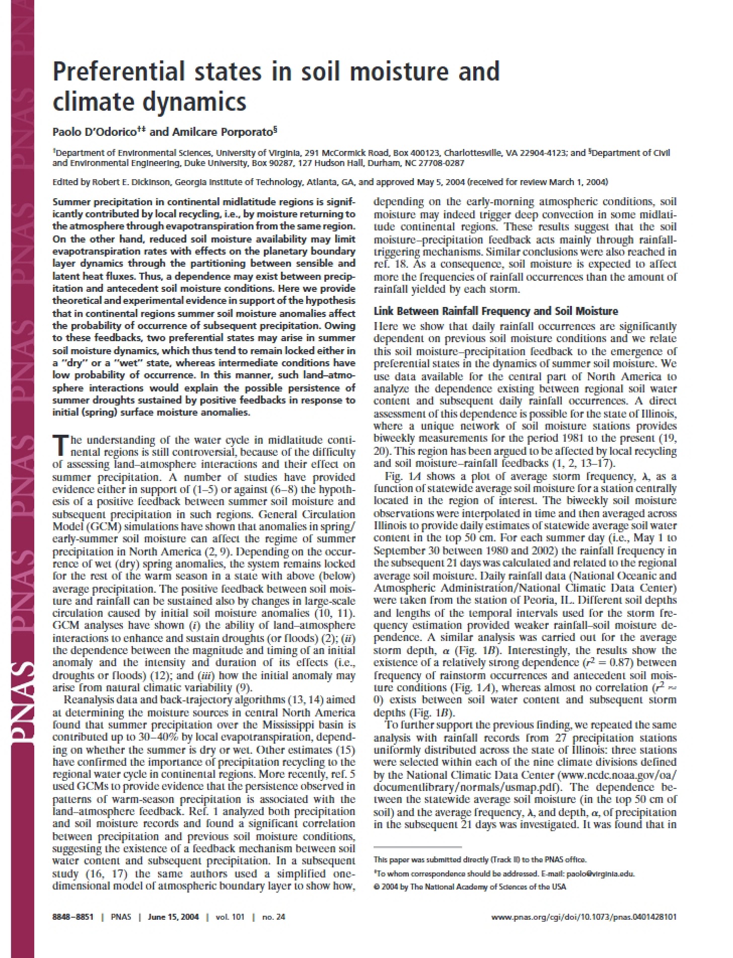 Climate Dynamics and Soil Moisture Preferential States