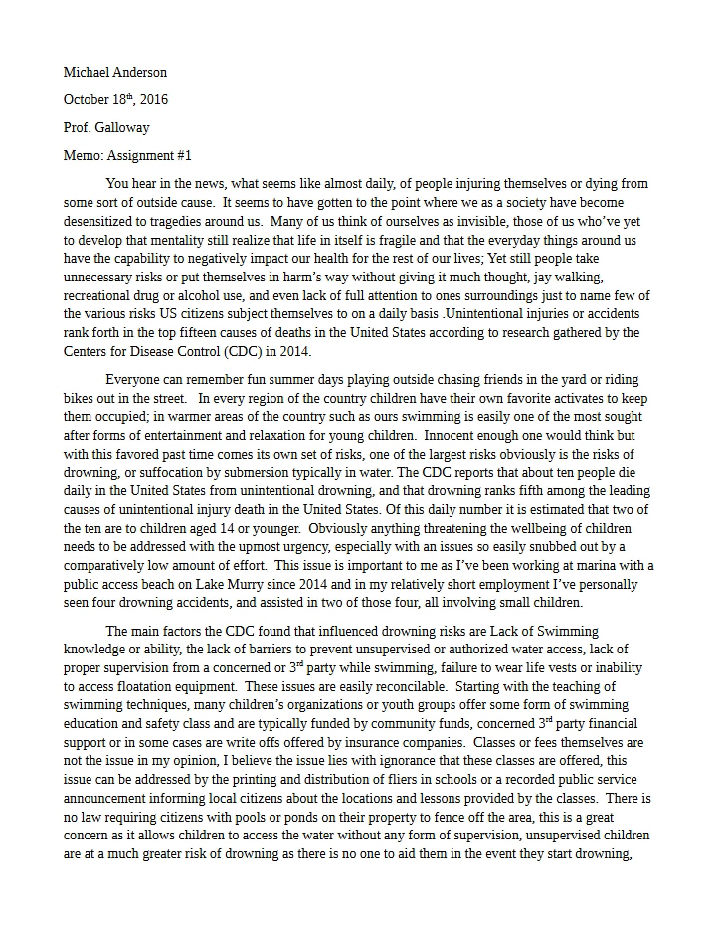 Memo for Assignment One