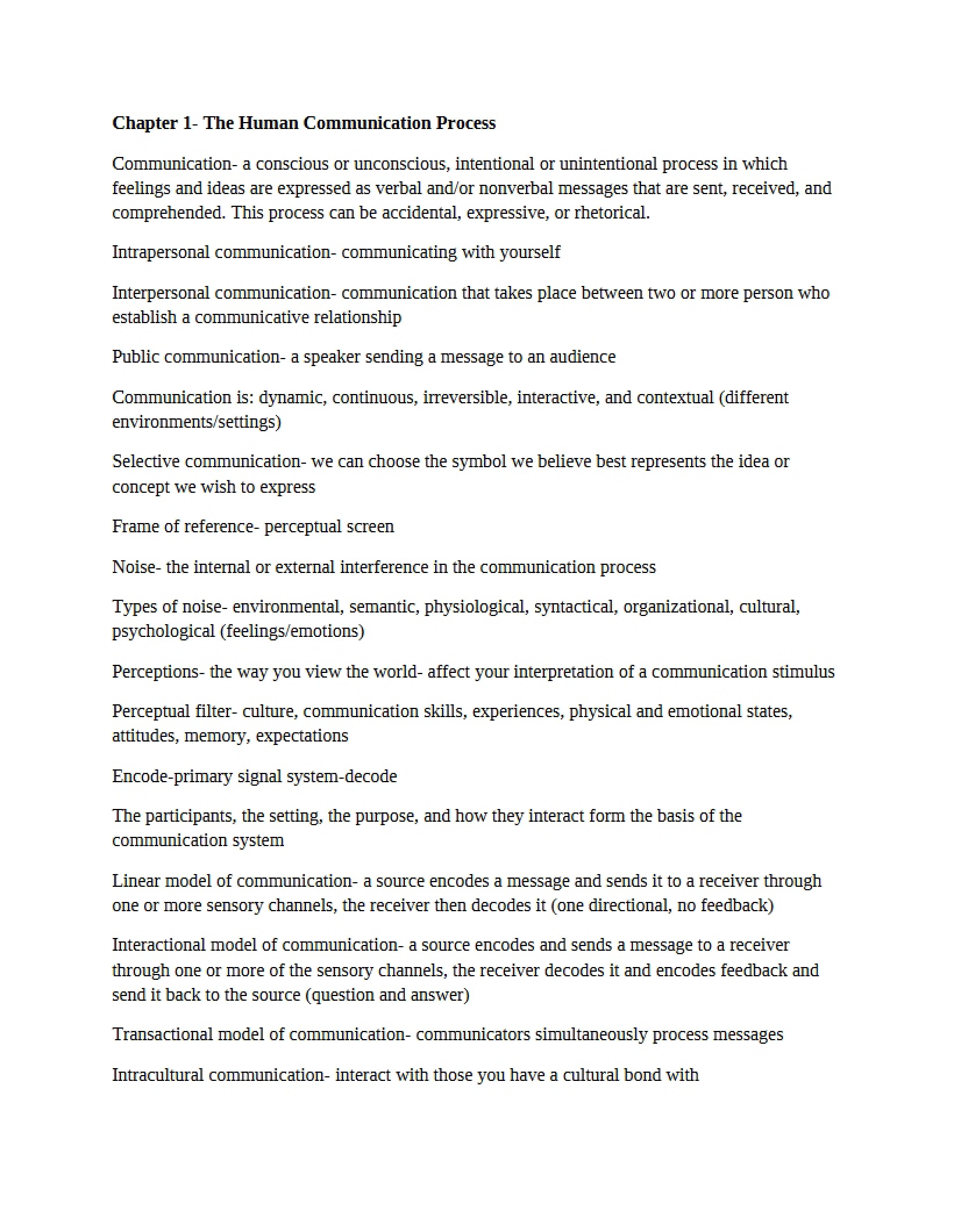 Human Communication Process Overview - Chapter 1